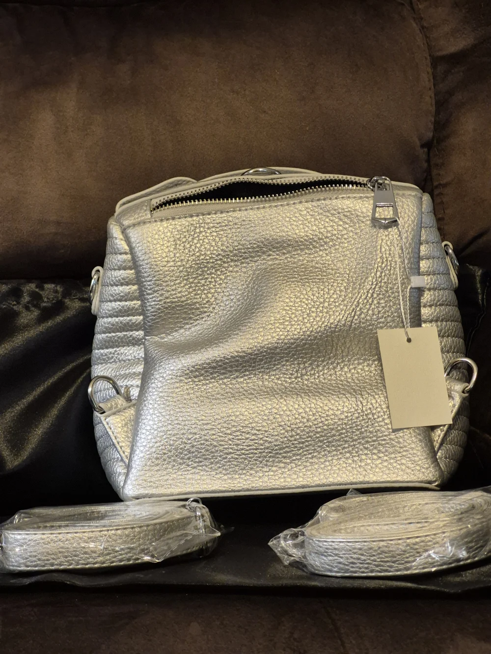 Metallic Silver Women’s Satchel Backpack - Textured Faux Leather